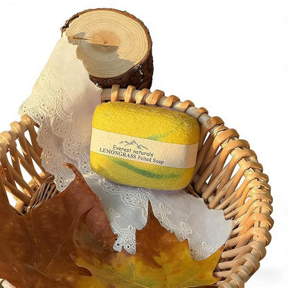 Handmade Felted Soap with Tibetan Yak Milk & Wool Natural Exfoliating Bar for Face & Body, 6 Scents, Includes Bamboo Dish & Travel Pouch (lemongrass)
