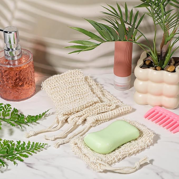 100PCS Sisal Soap Saver Bags, Natural Sisal Soap Exfoliating Bag with Drawstring, Reusable Mesh Foaming Soaps Pouch for Bath & Shower, Soaps Holder Drying Bag Savers