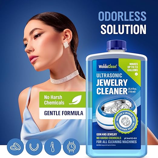 WoldoClean Ultrasonic Jewelry Cleaner Solution - 25.4 Fl Oz Concentrate Makes 8 Gallons for Gold, Silver, Platinum, Diamond Ring, Watch, Chain, Earring and Necklace