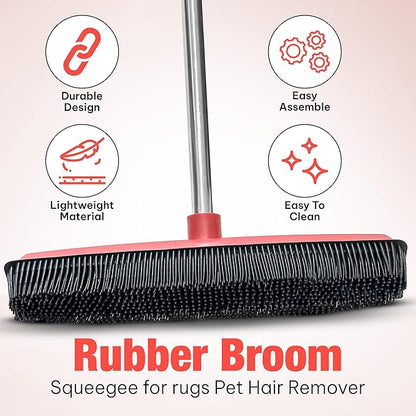 Hybrid Dog Pet Hair Removal Broom with Squeegee – Adjustable Handle Rubber Broom for Pet, Hardwood Floors, Tile, & Liquid-Dirt with 2 Portable Hair Brushes & Cloth