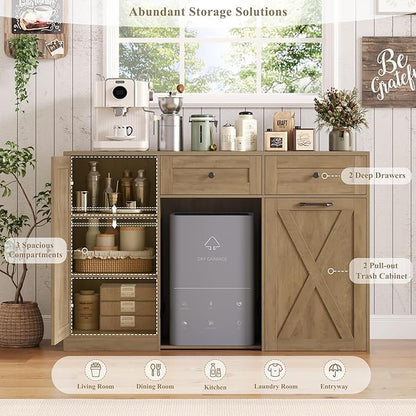 HOSTACK 12.5 Gallon Kitchen Trash Cabinet, 47" Double Trash Can Cabinet, Large Pull Out Can Storage Drawers, Wood Farmhouse Hidden Garbage Storage Buffet for Kitchen, Dining Room, Rustic Brown