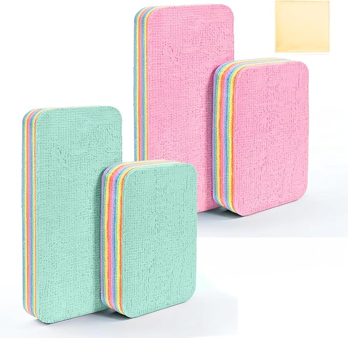 LEAVAQ Peelable Microfiber Sponges 4 Pack – 12-Layer Tear Away PVA Cleaning Pads, Ultra Absorbent Non-Scratch Rainbow Sponge for Kitchen Dish, Countertop, Bathroom, Glass & Car Cleaning