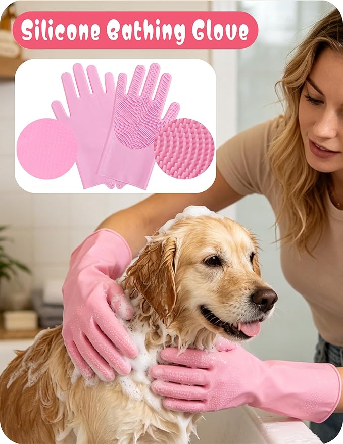 Pet Grooming Set, Dog Bathing Supplies, Bathing Glove, Towels, and Shampoo Brush, Finger-Sleeve Toothbrush for Dogs and Cats, Including a Comb Set, Suitable for Small Dogs and Cats 9-Piece (Pink)