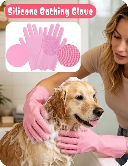Pet Grooming Set, Dog Bathing Supplies, Bathing Glove, Towels, and Shampoo Brush, Finger-Sleeve Toothbrush for Dogs and Cats, Including a Comb Set, Suitable for Small Dogs and Cats 9-Piece (Pink)