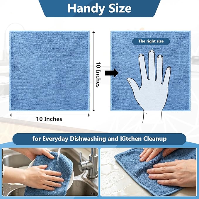 Kitchen Dish Cloths, 12 Pack, 10 x 10 Inches, Super Absorbent Microfiber Dish Towels, Soft Fast Drying Reusable Dish Rags for Washing Dishes, Countertops and Sink, Light Blue