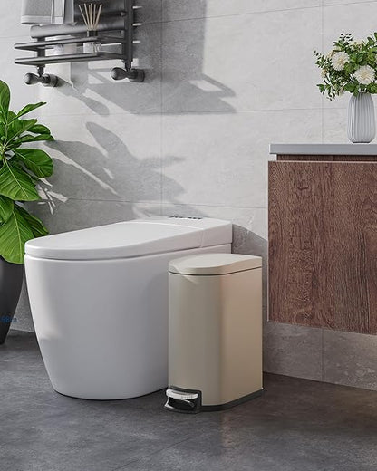 GarveeHome 2.6 Gallon Bathroom Trash Can, Space-Saving Slim Stainless Steel Step-On Garbage Bin with Soft Close Lid, Removable Inner Bucket for Bathroom & Bedroom, Sand Beige