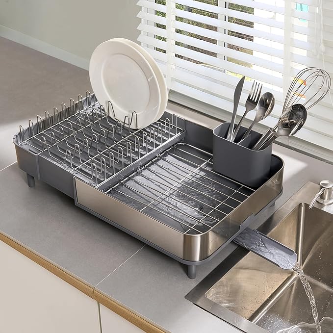 Dish Drying Rack Countertop Expandable Dish Drainer — Up to 20.5" Telescoping Premium Extending Drying Station Organizer with Drainboard, Removable Utensil Holder — Dish, Silverware & Cup Storage Gray