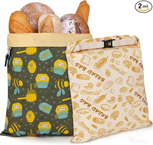 2 Pack Natural Beeswax Bread Bags for Sourdough Homemade Bread, Reusable Natural Organic Linen, Food Storage Cloth Bag, Large Capacity Portable, Freezer-Friendly, Freshness Preservation