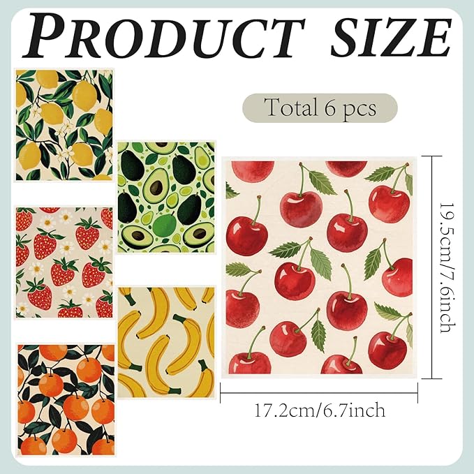 6Pcs 6 Styles Fruit Dish Cloths Swedish Kitchen Dishcloths Reusable Wash Towels Rectangle Cellulose Sponge Cherry Strawberry Lemon Banana Avocado Orange Mixed Pattern for Kitchen Cleaning