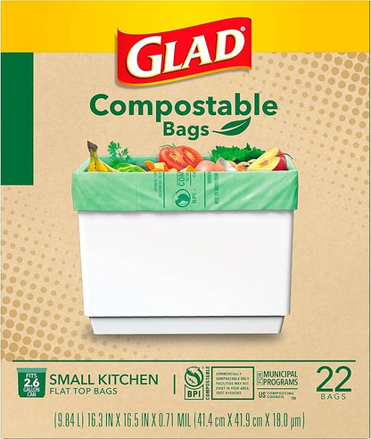 Glad Kitchen Compost Bags, 100% Compostable Bag, 2.6 Gallon, Unscented - 22 Count (Pack of 2)