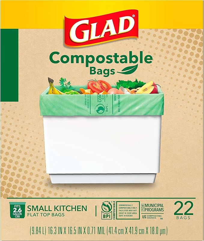 Glad Kitchen Compost Bags, 2.6 Gallon Small Flat Top Bags, Unscented, 22 Count (Package May Vary)