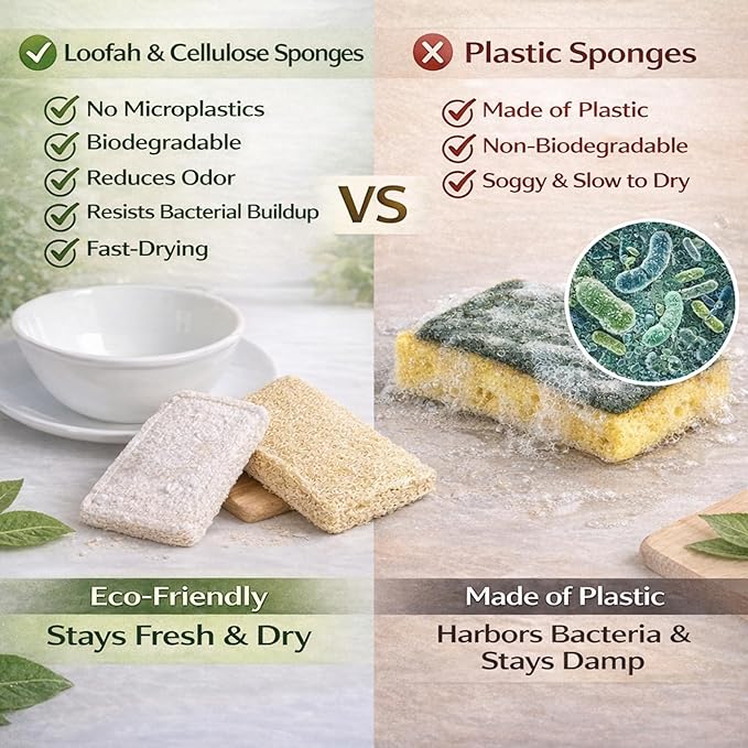 Loofah Sponge for Dishes – 2-in-1 Natural Dish Sponges, Pack of 4, Made with Loofah & Cellulose, Plastic-Free, Biodegradable, Fast-Drying, Non-Scratch & Hygienic