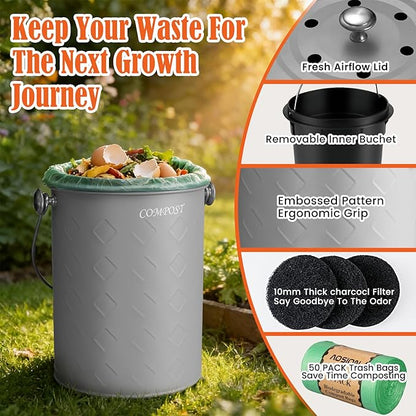 AOSION Countertop Compost Bin Kitchen,Odorless Indoor Compost Bin with Lid,Farmhouse Composter Container for Food Waste,Includes 2 Carbon Filters, Small Compost Bucket,Trash Bags (Modern, Grey)