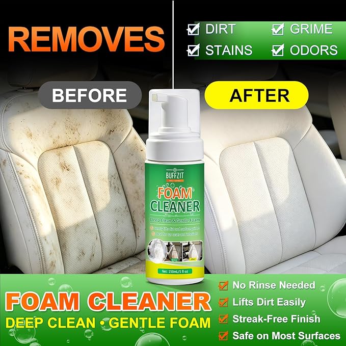 Car Interior Foam Cleaner Kit, Multifunctional Auto Detailing Cleaner with Brush & Towel, Deep Clean Car Seats, Carpet, Upholstery & Dashboard, Safe for Leather, Fabric, Vinyl & Plastic, 5oz