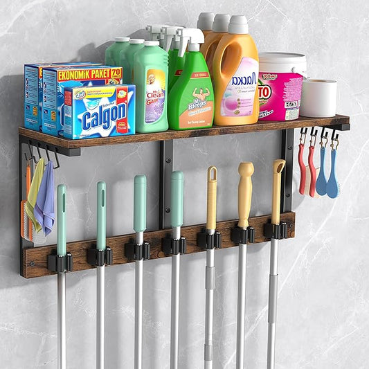 Housolution Broom Holder Wall Mount with Cleaning Supplies Organizer, 100 LBS High Load-Bearing Laundry Room Storage Shelves, Multifunctional Mop Hanger Rack with 7 Grippers & 8 Hooks