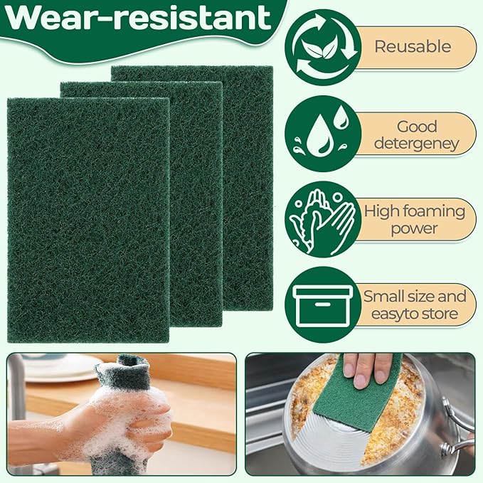 Heavy Duty Scouring Pad 10Pcs Scouring Pads Green Scrubbing Pads for Heavy Duty Cleaning Scrubbing Pads for Kitchen Bathroom Household Cleaning Dish Scrubber Scrubbing Sponges