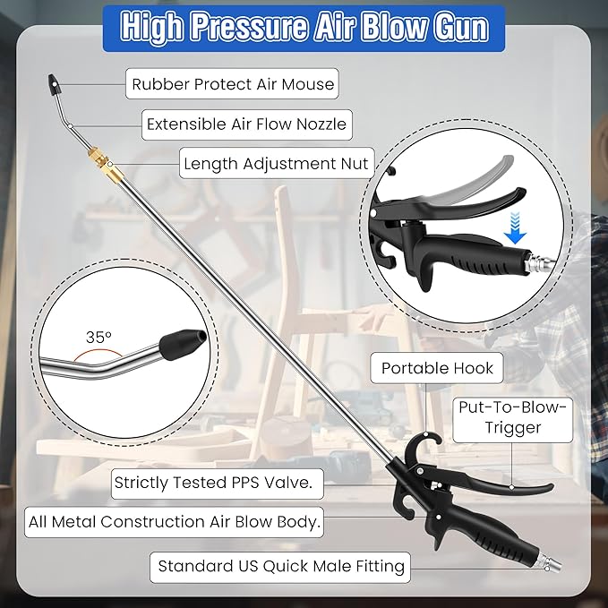 High Pressure Air Blow Gun, Extension Long Air Nozzle Blower Wand Fit 1/4" NPT Inlet & Lever Grip, Heavy Duty Industrial Blow Gun Pneumatic Tool for Radiator Compressor Attachment(1 Pc,17-27.5 Inch)