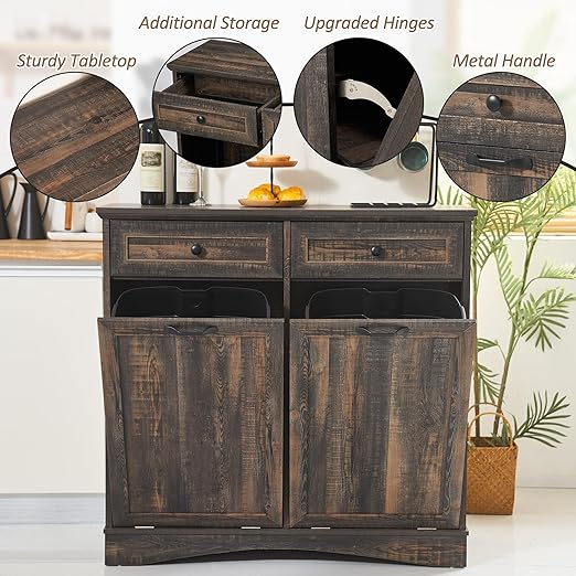 AHB Double Tilt Out Trash Can Cabinet Freestanding Kitchen Trash Can, 2x13 Gallons Hidden Garbage Recycling Cabinet with Hideaway Drawers Pet Proof Trash Can Holder for Kitchen, Rustic Brown