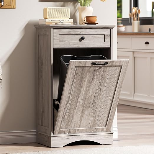 AHB 13 Gallons Tilt Out Trash Cabinet Hidden Trash Can Cabinet Freestanding Garbage Recycling Cabinet with Hideaway Drawer Pet Proof Trash Bin for Kitchen Living Room, Grey