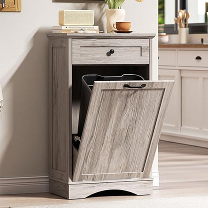 AHB 13 Gallons Tilt Out Trash Cabinet Hidden Trash Can Cabinet Freestanding Garbage Recycling Cabinet with Hideaway Drawer Pet Proof Trash Bin for Kitchen Living Room, Grey
