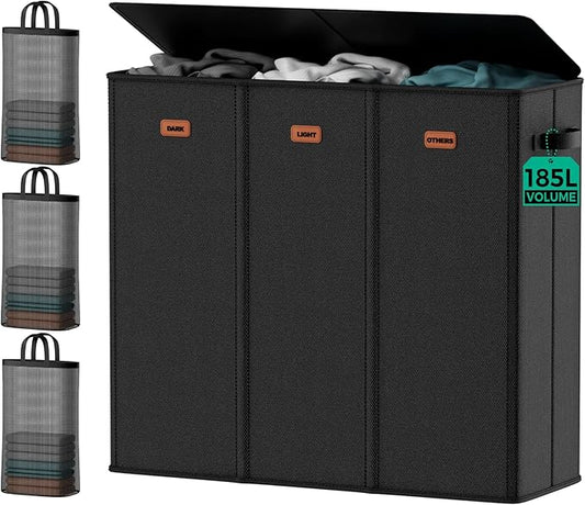 185L Laundry Hamper 3 Section, Large Laundry Hamper with Lid, Dirty Clothes Hamper with 3 Removable Washing Bags, Collapsible Laundry Basket Organizer for Laundry Room, Bedroom
