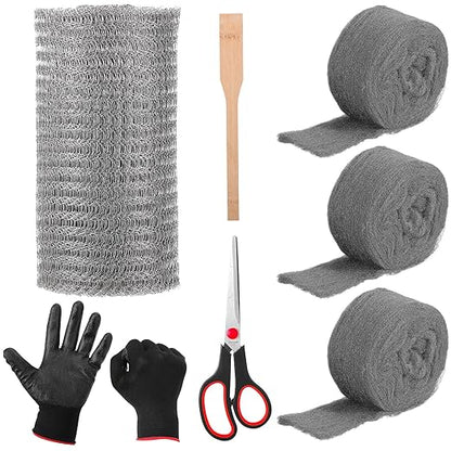 Steel Wool for Mice Control Mesh Rodent Control Kit 1 Pack Rustproof Mesh Roll and 0000 Steel Wool Mouse Hole Filler with Gloves, Scissors for House Garden Home Garage(5in X 14.8ft)