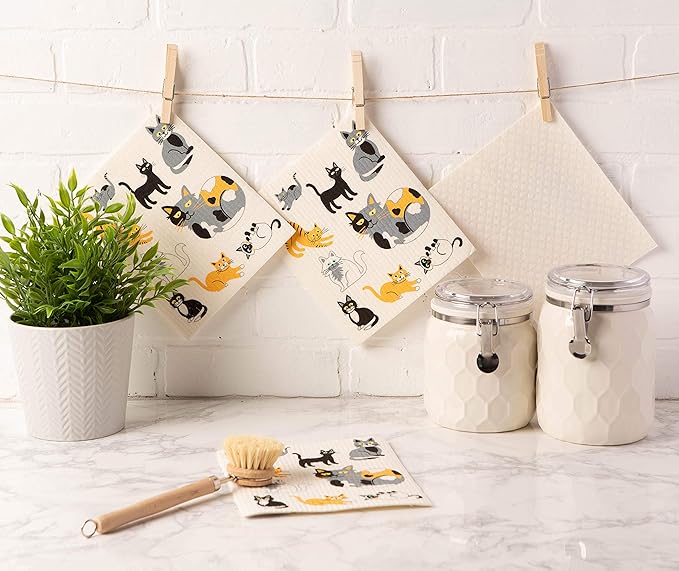 DII Swedish Dishcloths for Kitchen & Cleaning, Reusable, Machine Washable & Dishwasher Safe, Biodegradable, 7.75 x 6.75, Cats Everywhere!, 3 Piece
