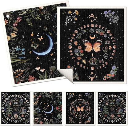Miss Adola 6 Pack Swedish Dishcloths for Kitchen - Reusable Dish Cloths for Washing Dishes Absorbent Cute Funny Kitchen Towels Cleaning Sponge, Moon Butterfly