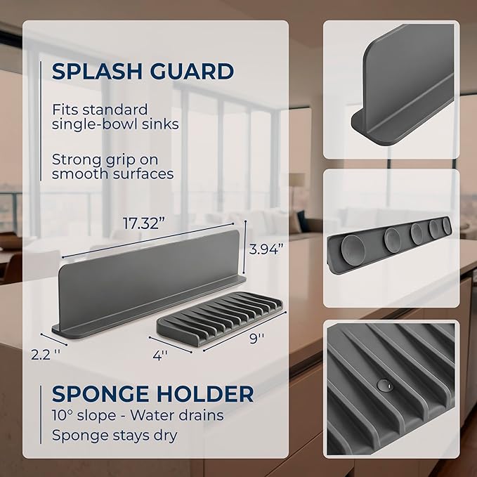 Silicone Sink Splash Guard 17.3" with Suction Cups + Bonus - For Sink Area - Keep Counters Dry & Protect Clothes from Water Splashes for Kitchen, Bathroom, Laundry