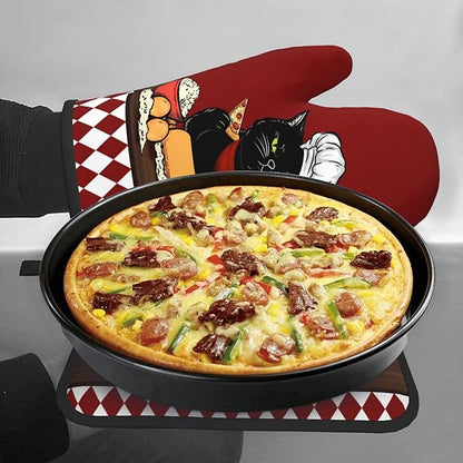 Cat Pot Holders and Oven Mitts - Red Cooking Gloves Hot Pads for Kitchen Fun Chef Gifts for Cooking Lover Cooks