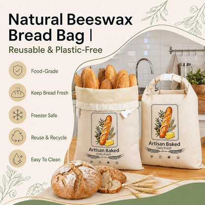 Beeswax Bread Bags, Bread Bags for Homemade Bread, Bees Wax Bread Bag, Reusable & Eco-Friendly,100% Natural Beeswax & Cotton, Long-Lasting Freshness,Airtight & Freezer-Friendly Food Storage