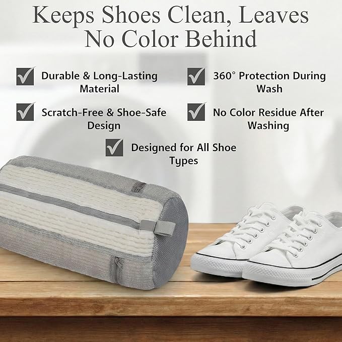 Shoe Washing Machine Bag, 2 Pcs Reusable Laundry Shoe Bag for Washer and Dryer, 360 Deep Cleaning Sneaker Washing Bag with Zipper, Mesh Pockets and Hanging Strip, Fits All Shoe Types & Sizes, Cream