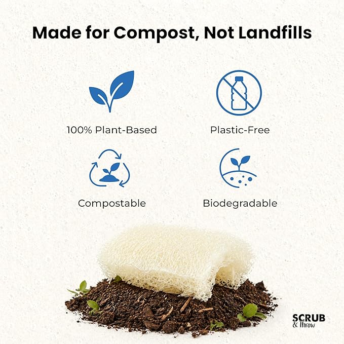 Scrub & Throw XL Loofah Scrub Sponge, Natural, Plastic-Free, Non-Scratch, for Kitchen, Dishes, Pots and Cleaning, Plant-Based, Plastic-Free, Eco-Friendly, Biodegradable, 30 Pack