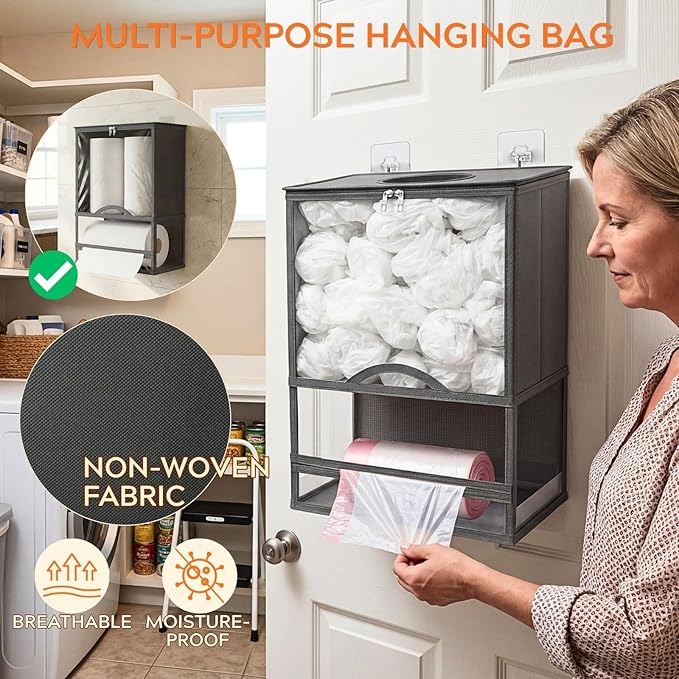 Plastic Bag Holder, Grocery Bag Holder with Trash Bag Roll Dispenser, Wall Mounted Soft Fabric Trash Bag Dispenser (Not Rigid), 14.6" L × 7.7" W × 19.3" H, for Kitchen Pantry Laundry Garage, Gray