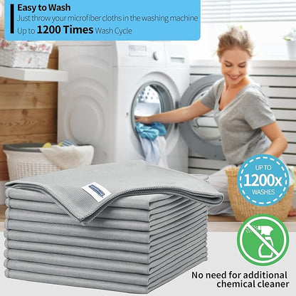 Microfiber Cleaning Cloth - 10 Pack Glasses Cleaning Cloth, 16" x 14" Window Cleaning Rags, Streak Free Lint Free Polishing Cloths Wipes for Eye Glass, Stainless Steel, Windshield, Grey