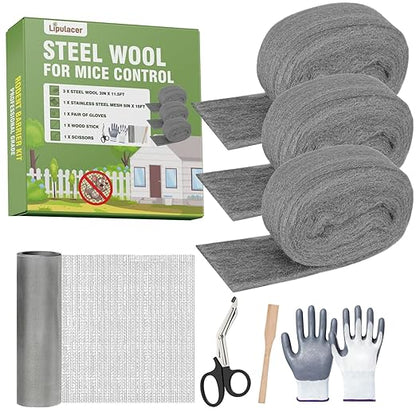 Steel Wool Mice Control, 3 Pack 3’’x11.5Ft Steel Wool & 1 Pack 5’’x15Ft Stainless Steel Wire Mesh with Gloves, Scissors & Wood Stick, Mouse Hole Filler DIY Kit for House & Garage, Wall Gaps