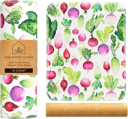 Reusable Paper Towels (12"x10”) - Soft Absorbent 100% Washable Paper Towels - Reusable Paper Towels Washable w/Cardboard Roll - Reusable Napkins (Summer Radish, 12x10inch)
