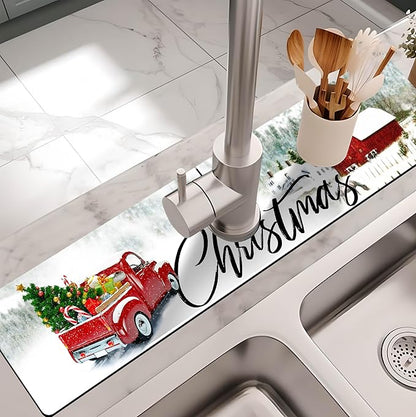 Kitchen Sink Splash Guard Faucet Mat - Super Absorbent Fast Drying Mat, Christmas Tree Pattern, 23.5" x 5.5" Microfiber Diatomite, Dish Drying Mat, 1 PC