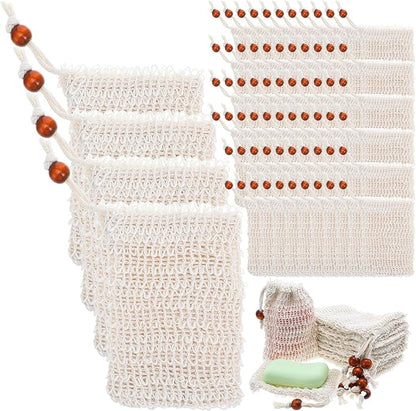 COMNICO 100 Pcs Soap Exfoliating Bag, Natural Sisal Soap Saver Bag Hand Made Pouch with Drawstring Mesh Net Drying Soaps Holder for Bath and Shower