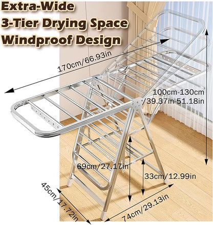 Stainless Steel Foldable Clothes Drying Rack with Adjustable Wings, Windproof Holes & Wheels | Heavy Duty 132 lb Load Capacity | Space-Saving Laundry Rack for Indoor & Outdoor Use