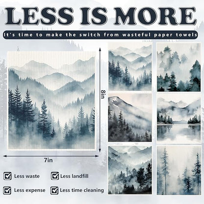 Whaline 6Pcs Dusty Blue Forest Swedish Dishcloths Cotton Kitchen Towels Reusable Absorbent Mountain Forest Dish Towels for Home Party Housewarming Cleaning, 7 x 8 Inch
