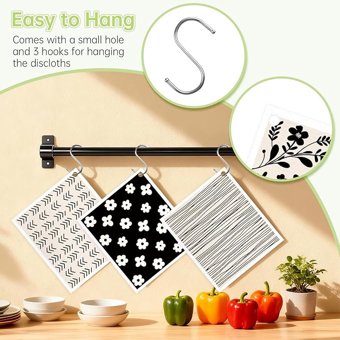Swedish Dishcloths for Kitchen, 5 Pack Flower Line Reusable Paper Towels with 3 Hooks, Washable Dish Cloth Set, Absorbent Cleaning Cloth for Home Washing Dishes Housewarming Gifts for Friend