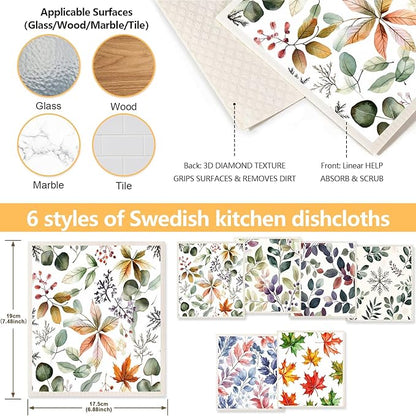 6 Pack Swedish Dishcloths for Kitchen - Reusable Dish Paper Towels Wash Cloths Washable,Absorbent Cellulose Cleaning Sponge Cloth Wipes Quick Dry, Decorative Tea Towels,No Odor Biodegradable(Flowers)