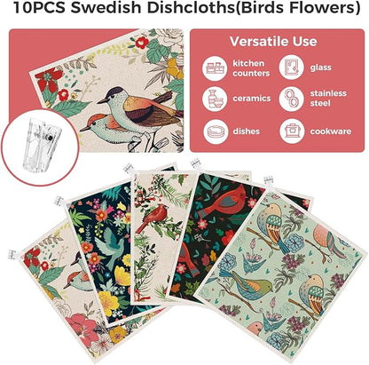 wlich 10PCS Swedish Dishcloths for Kitchen, Reusable Dish Rags for Washing Dishes with Clips, Non-Scratch Kitchen Towels and Dishcloths Sets, Washable Swedish Dish Cloths, No Odor(Birds Flowers)