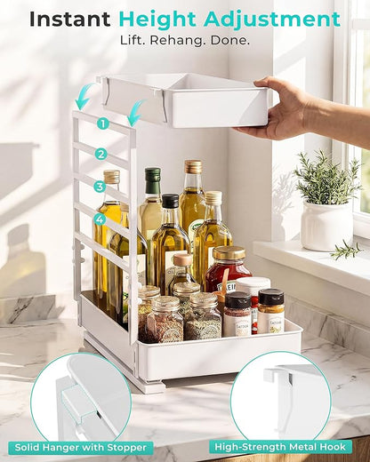 EVERIE Height Adjustable 2 Tier Metal Pull Out Slide Shelf Organizer for Framed or Frameless Under Sink Cabinets in Kitchen, Bathroom, with Snap-on Top Tray (White, 2 Sets)