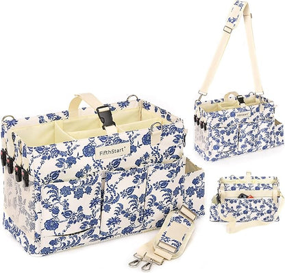 Multiuse Large Blue Floral Diaper Caddy with Waist, Shoulder Strap, 9 Pockets, Mesh Base, and Adjustable Compartments