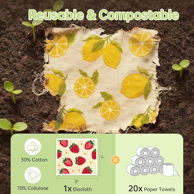 Swedish Dishcloths for Kitchen, 5 Pack Fruit Reusable Paper Towels with 3 Hooks, Washable Dish Cloth Set, Absorbent Cleaning Cloths for Home Washing Dishes Housewarming Gifts for Friend