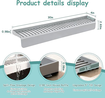 Silicone Sink Edge Protector Splash Guard, 30x4 Inch with Suction Cups & 5°Tilt, Cuttable for Kitchen Bathroom Countertops, Granite Quartz Surfaces (Gray)