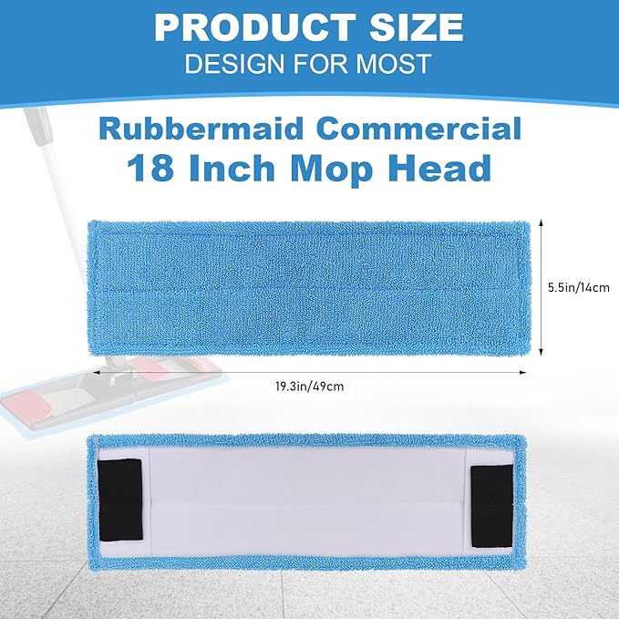 Replacement Flat Mop Pads Fit for Rubbermaid Commercial 18 Inch Adaptable Mops - 6 Pack Wet & Dry Microfiber Professional Cleaners Reusable Refills for Light-Duty Floor Cleaning- Blue