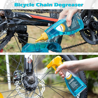 focopot Bike Chain Cleaner Kit with Bicycle Cleaner(25 oz),Degreaser(10 oz),Oil Lubricant(2 oz),Cleaning Brush Tool,Bike Chain Cleaning kit to Clean and Lube Mountain/Road/MT/E Bike